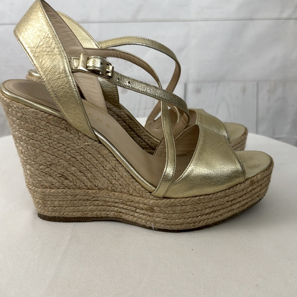 Latouche Size 38 US 7.5-8 Gold Espadrilles Wedges Strappy Sandals
